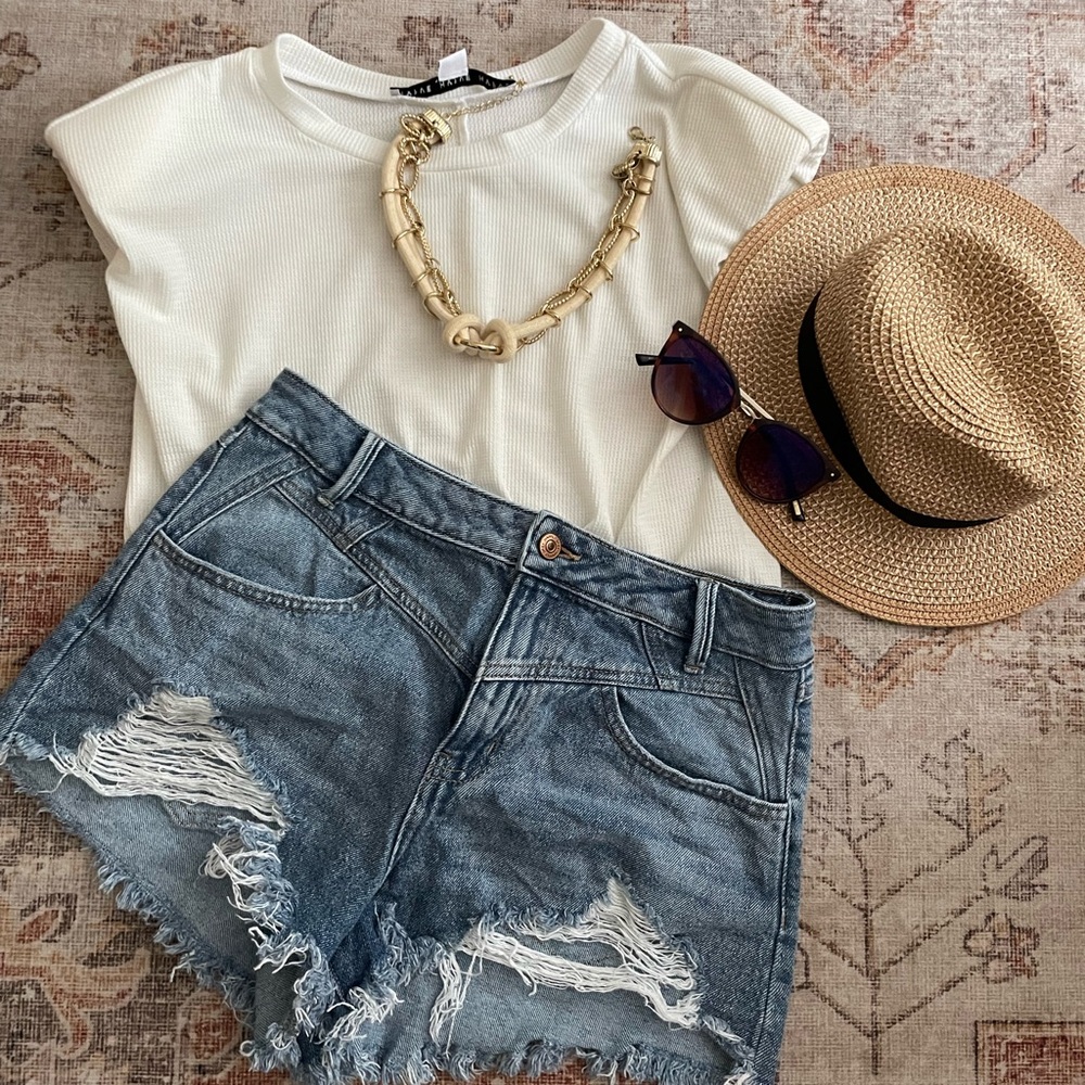 Happily Grey high waisted distressed denim shorts